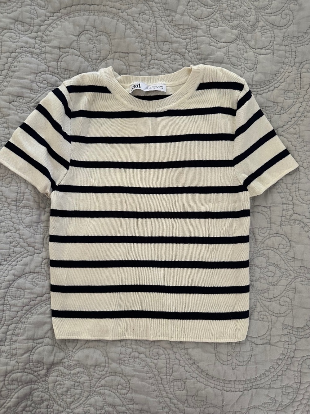 Zara Cream/Black stripe short sleeve sweater